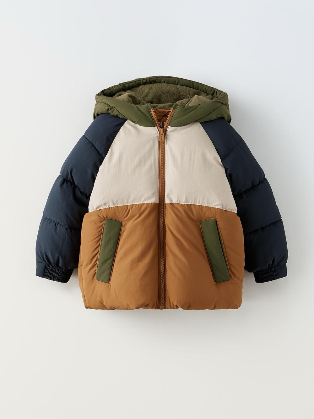 Zara Kids Colorblock Puffer Jacket in Navy, Olive, Beige & Brown